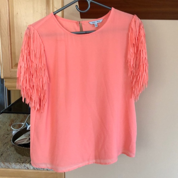 Naked Zebra Tops - pink silk shirt with short sleeve fringe